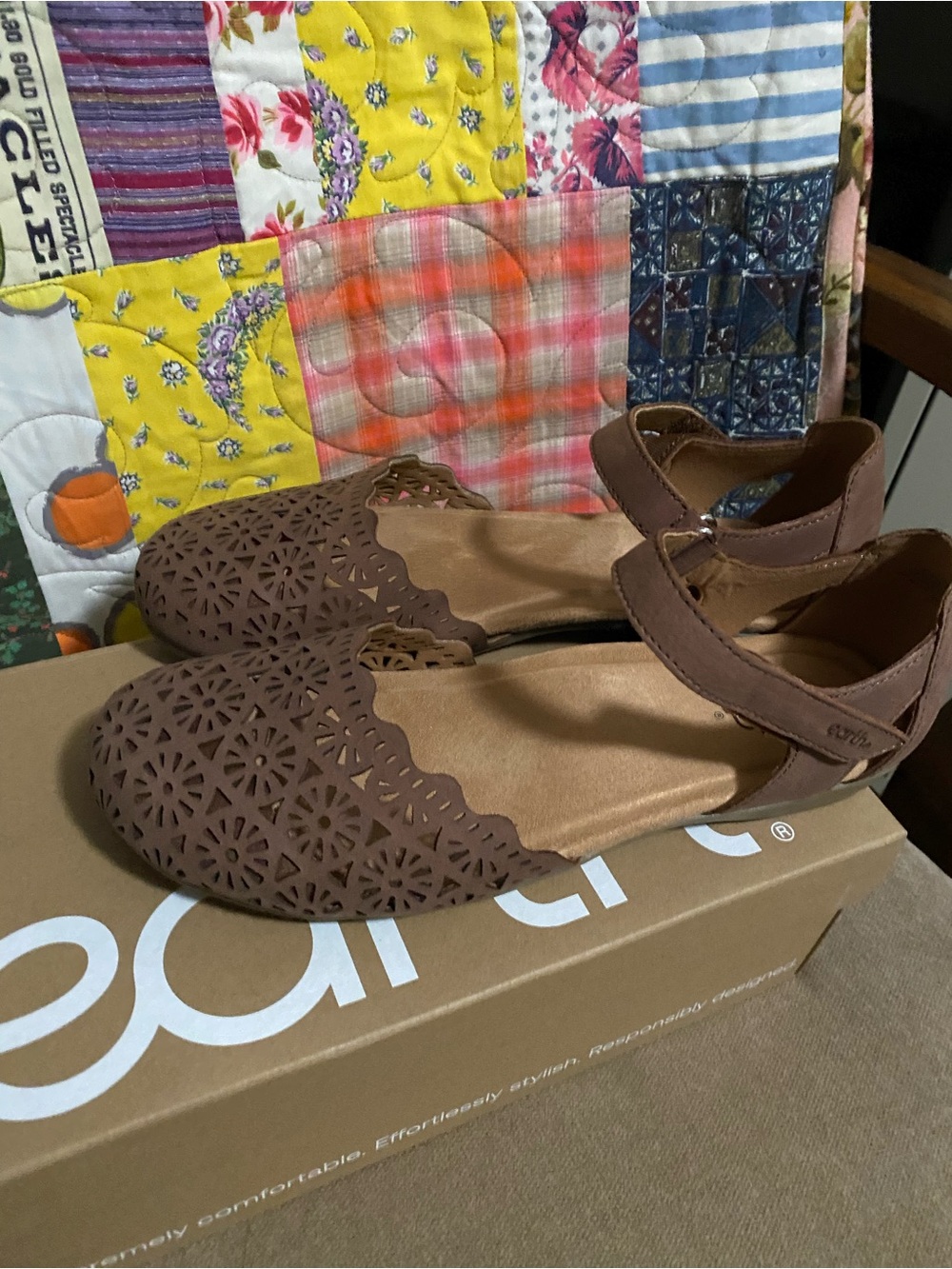 Earth Origins Brown Laser-Cut Ankle Strap Flats - Picture 2 of 7